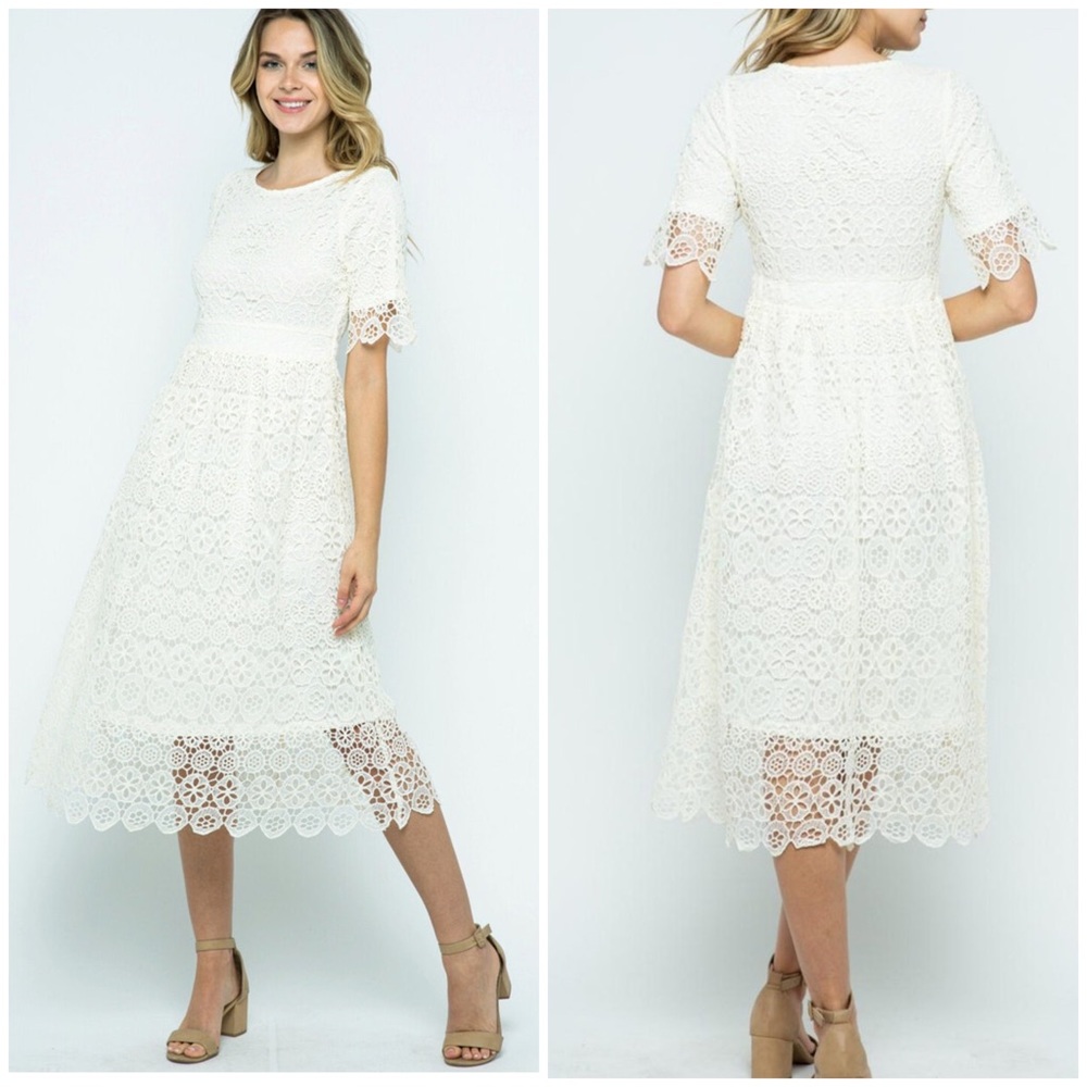 LAST 1❗️POLAGRAM White Embroidery Crochet Midi Dress - Picture 6 of 14